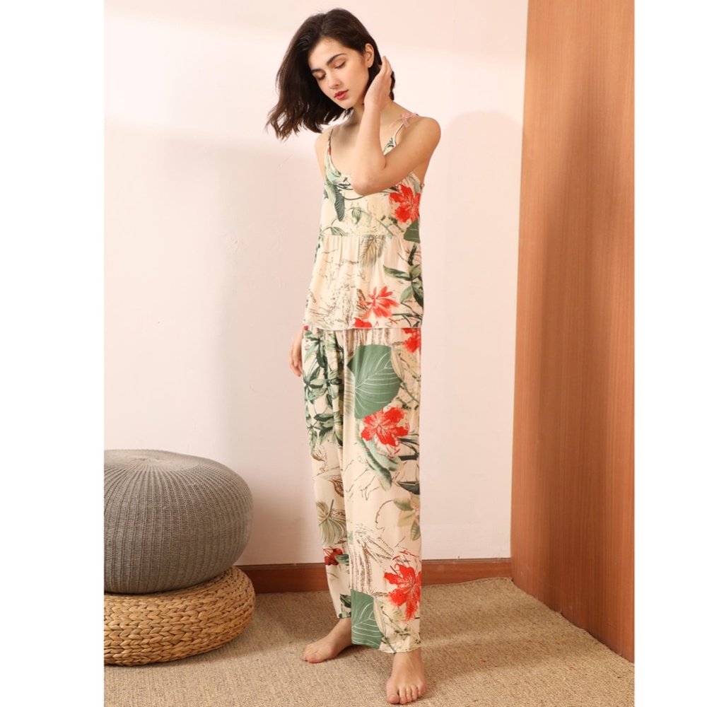 3 Piece Beige Green Floral Print Pajama Set - Picture 4 of 8